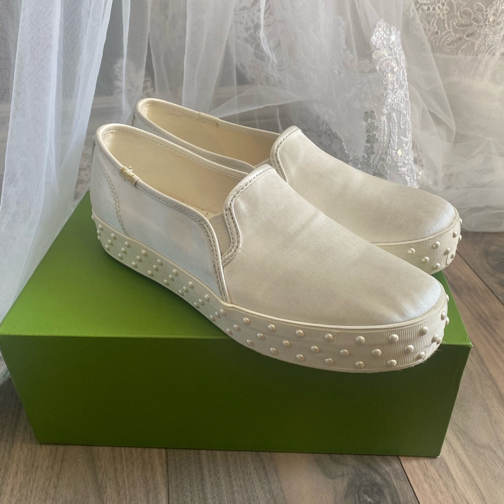 Kate Spade Cream Slip-On Sneakers with Pearl Details